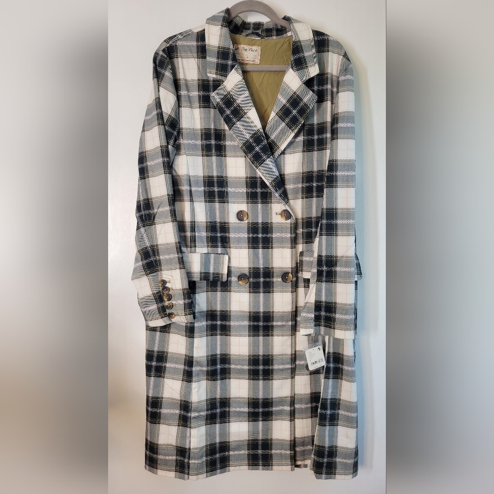 NWT Free People Freddie Longline Plaid Blazer Green Cream - Picture 2 of 9
